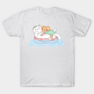 Little girl and big cat swimming in the ocean T-Shirt